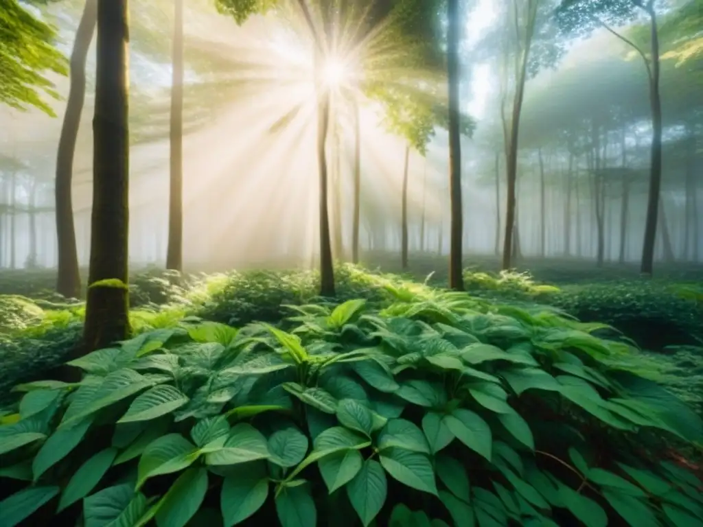 Bosque verde exuberante con luz filtrada, ambiente tranquilo y detalles naturales