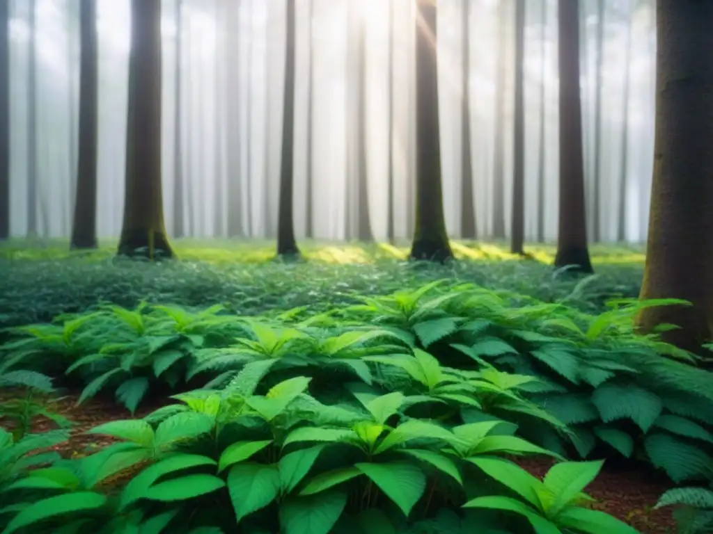 Un bosque verde exuberante con luz solar filtrándose entre las hojas, creando sombras en el suelo