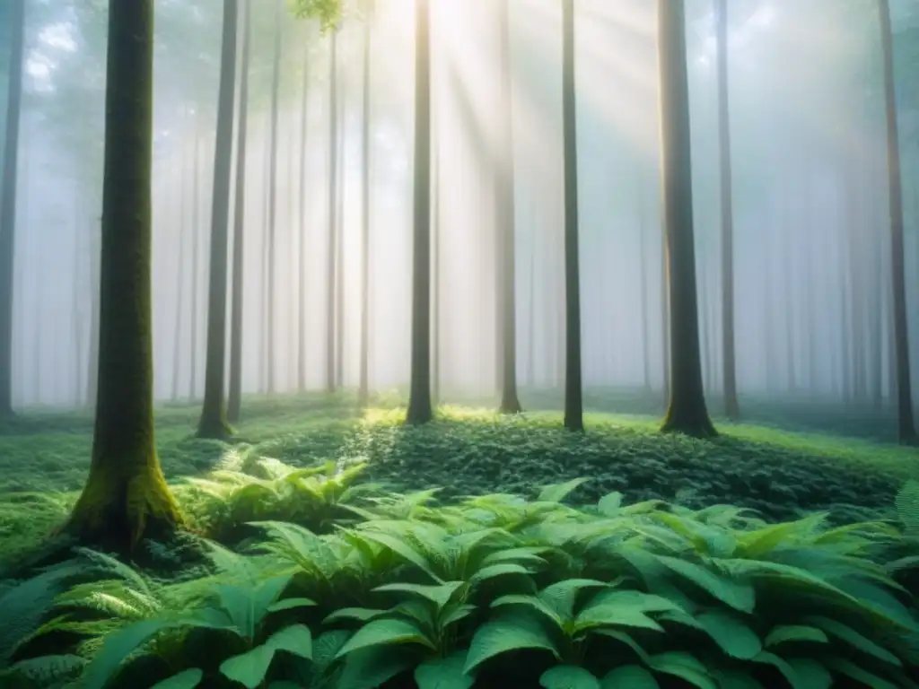 Un bosque verde exuberante con luz solar filtrándose a través del dosel, creando sombras moteadas en el suelo