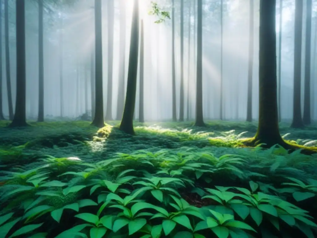 Un bosque verde exuberante con luz solar filtrándose entre las hojas, creando sombras en el suelo