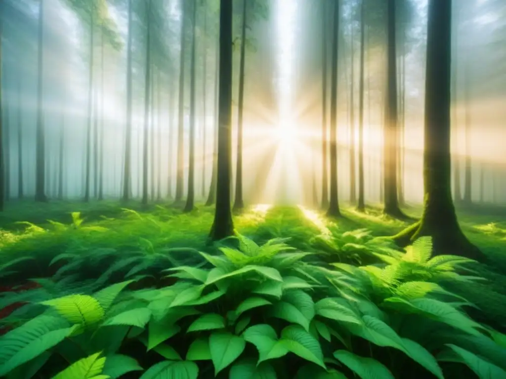 Bosque verde exuberante con luz solar entre hojas, reflejando la tranquilidad y belleza de la naturaleza que los bonos verdes protegen al invertir