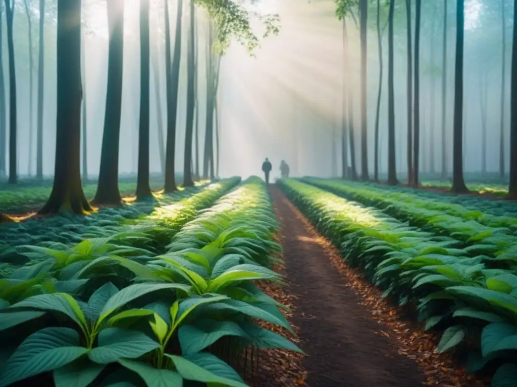 Un bosque verde exuberante con luz solar filtrándose entre las hojas, creando sombras moteadas en el suelo