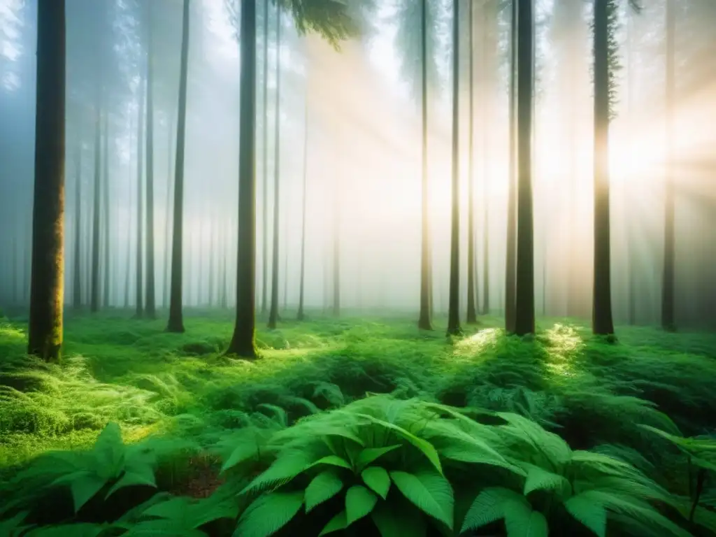 Un bosque verde exuberante con luz solar filtrándose entre las hojas, ideal para Invertir en bonos verdes