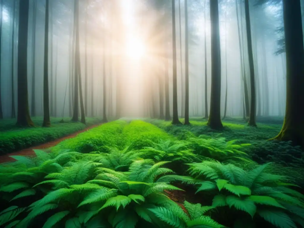 Un bosque verde exuberante con luz solar filtrándose entre las hojas, reflejando la esencia de los mercados de bonos verdes sostenibles