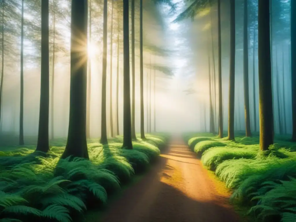 Un bosque verde exuberante con luz solar filtrándose entre las hojas, reflejando la belleza de la naturaleza en un entorno sereno y tranquilo