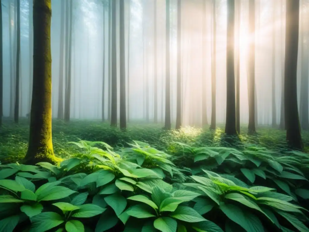 Un bosque verde exuberante con luz solar filtrándose entre las hojas, transmitiendo tranquilidad y sostenibilidad