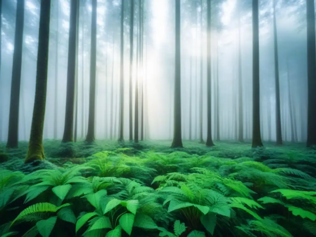 Un bosque verde exuberante con luz filtrada, creando una atmósfera tranquila y armoniosa