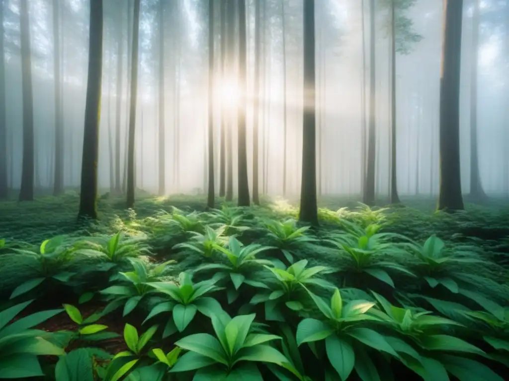 Un bosque verde exuberante con luz solar filtrándose entre las hojas, creando sombras en el suelo