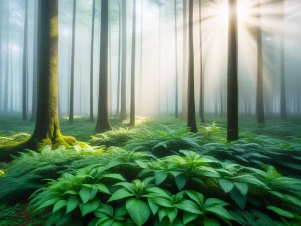 Un bosque verde exuberante con luz solar filtrándose entre las hojas, destacando la importancia de comunidades indígenas estilo de vida sostenible