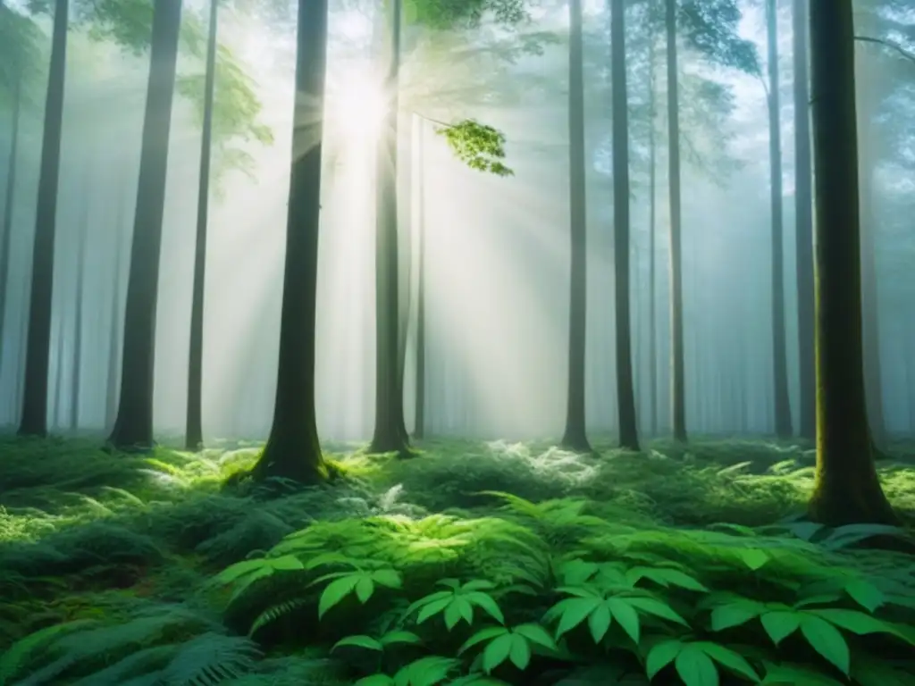 Un bosque verde exuberante con luz solar filtrándose a través del dosel, creando sombras moteadas en el suelo del bosque