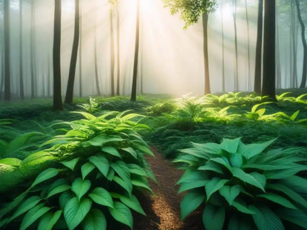 Bosque verde exuberante, luz solar entre hojas, sombras suaves en el suelo