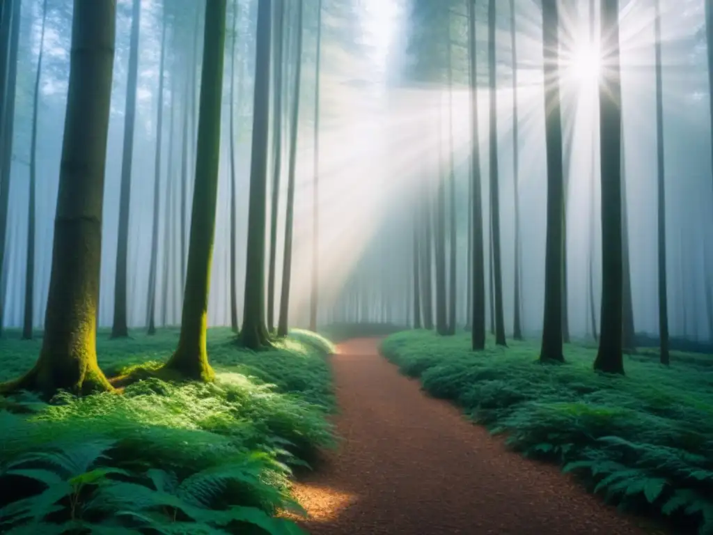 Un bosque verde exuberante con luz solar filtrándose entre las hojas, creando sombras moteadas en el suelo del bosque