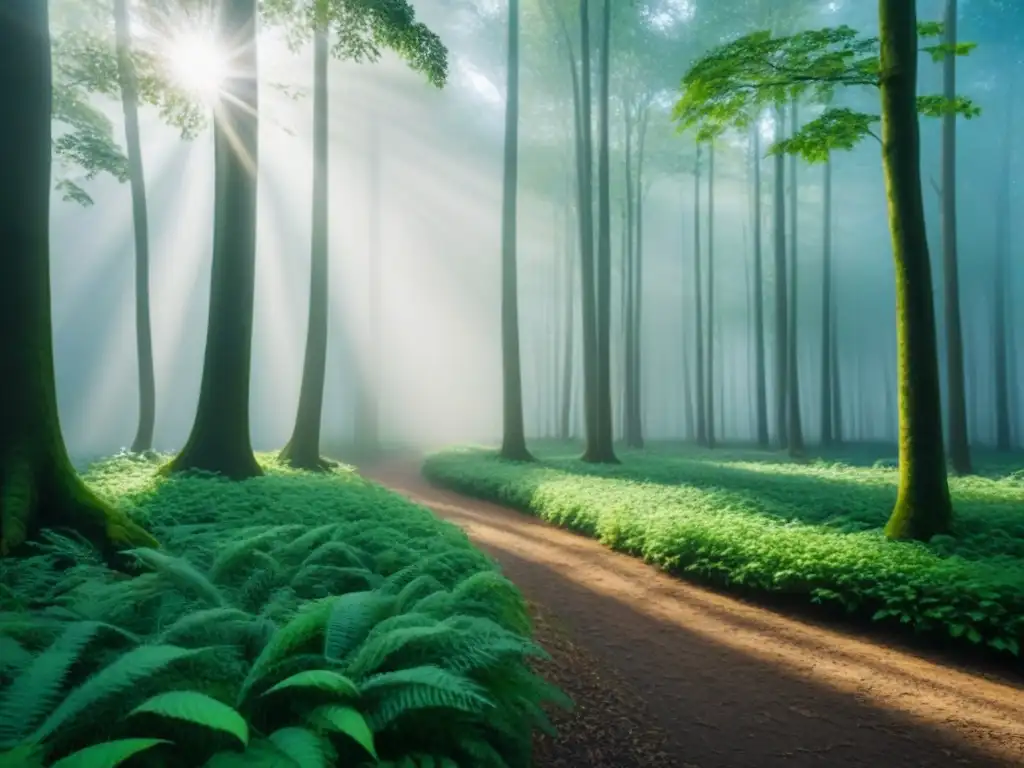 Bosque verde exuberante con luz solar filtrándose entre las hojas, reflejando sombras en el suelo, destacando la belleza natural