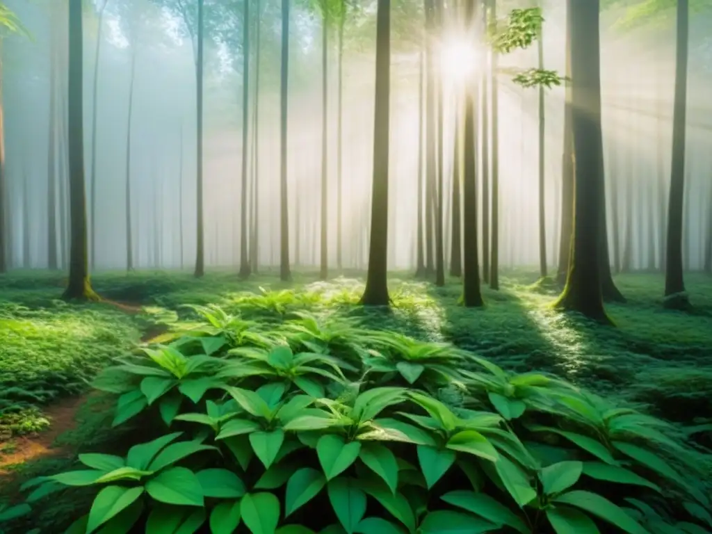 Un bosque verde exuberante con luz solar filtrándose entre las hojas, creando sombras moteadas en el suelo del bosque