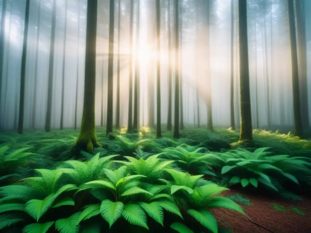 Un bosque verde exuberante con luz solar filtrándose entre las hojas, resaltando la belleza y tranquilidad de la naturaleza, recordando la importancia de la moda sostenible en la lucha contra el cambio climático