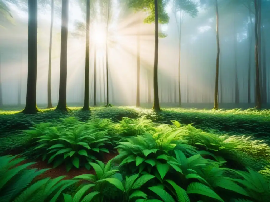 Un bosque verde exuberante con luz solar filtrándose entre el dosel, creando sombras en el suelo