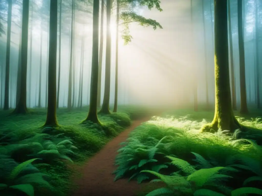 Bosque verde exuberante, luz filtrándose entre el dosel, belleza y tranquilidad de la naturaleza