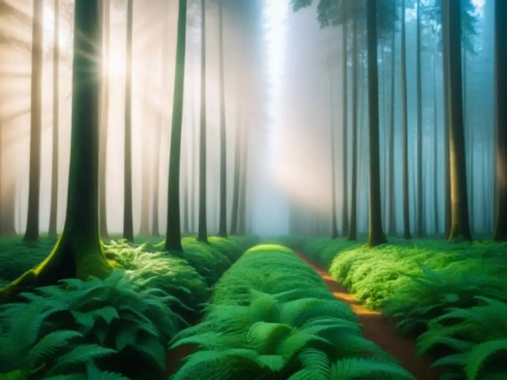 Bosque verde exuberante con luz solar filtrándose, la belleza y tranquilidad de la naturaleza en su forma pura, sostenibilidad ciclo vida producto