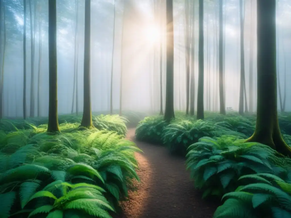 Un bosque verde exuberante con luz solar filtrándose entre las hojas, creando una atmósfera tranquila y ecológica