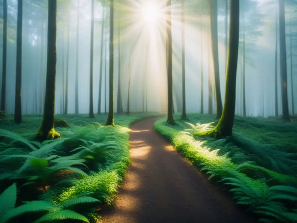 Un bosque verde exuberante con luz solar filtrándose entre las hojas, reflejando la belleza y tranquilidad de la naturaleza