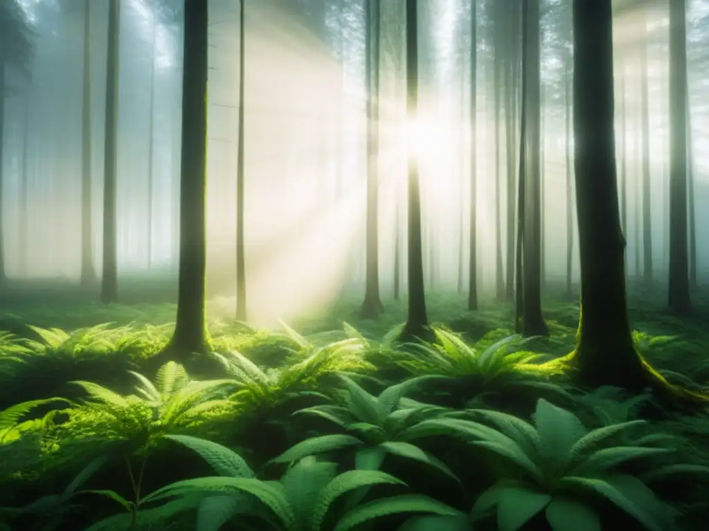 Un bosque verde exuberante con luz solar filtrándose a través de las copas, mostrando la belleza y serenidad de la naturaleza en el contexto de la sostenibilidad de las dietas basadas en plantas