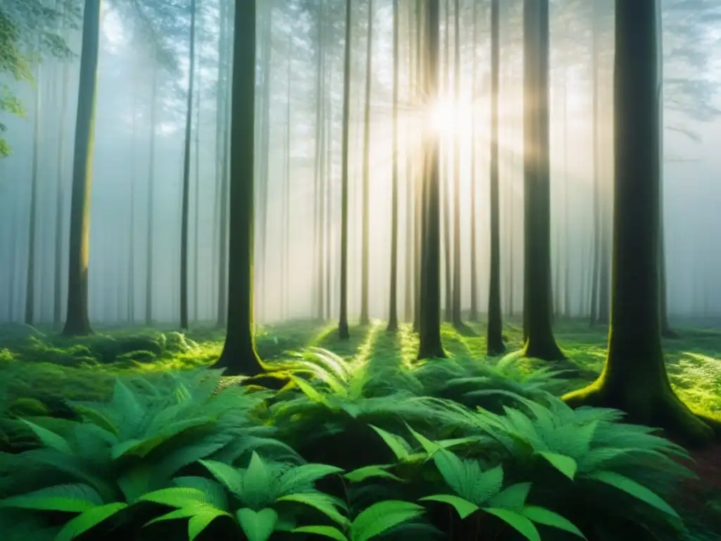 Un bosque verde exuberante con luz solar filtrándose entre las hojas, reflejando la belleza y tranquilidad de la naturaleza