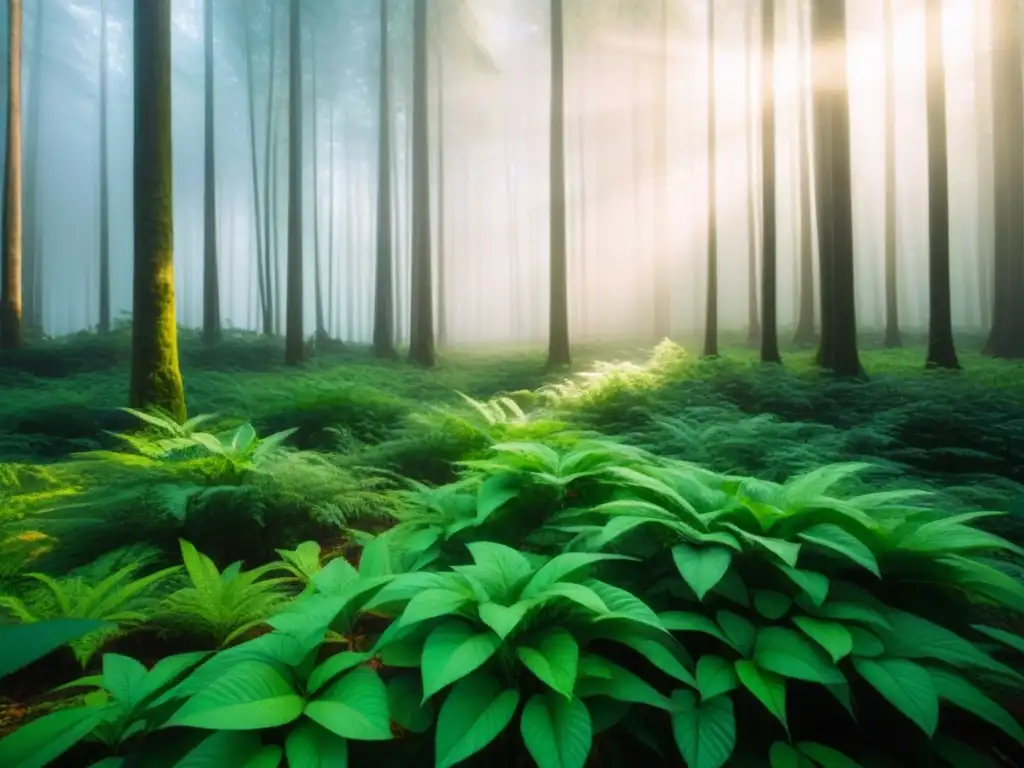 Un bosque verde exuberante con luz solar filtrándose entre las hojas, simbolizando la moda sostenible con fibras ecológicas