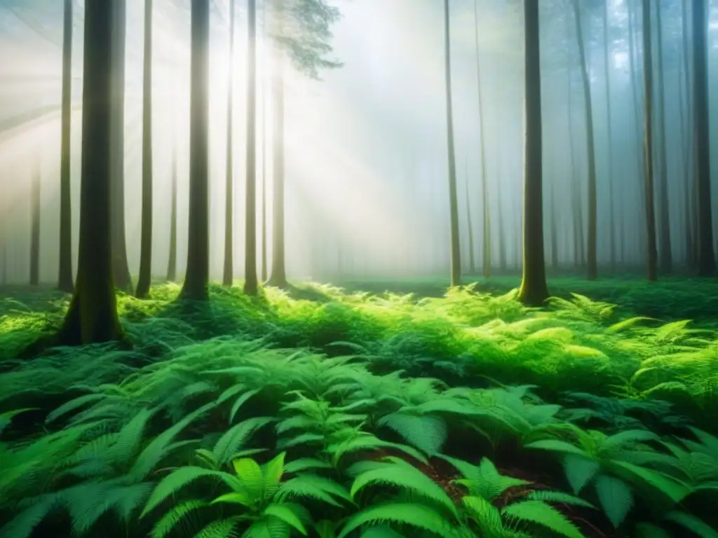 Bosque sostenible: naturaleza en armonía Un bosque verde exuberante con luz solar filtrándose entre los árboles, destacando la serenidad y la importancia de preservar la naturaleza