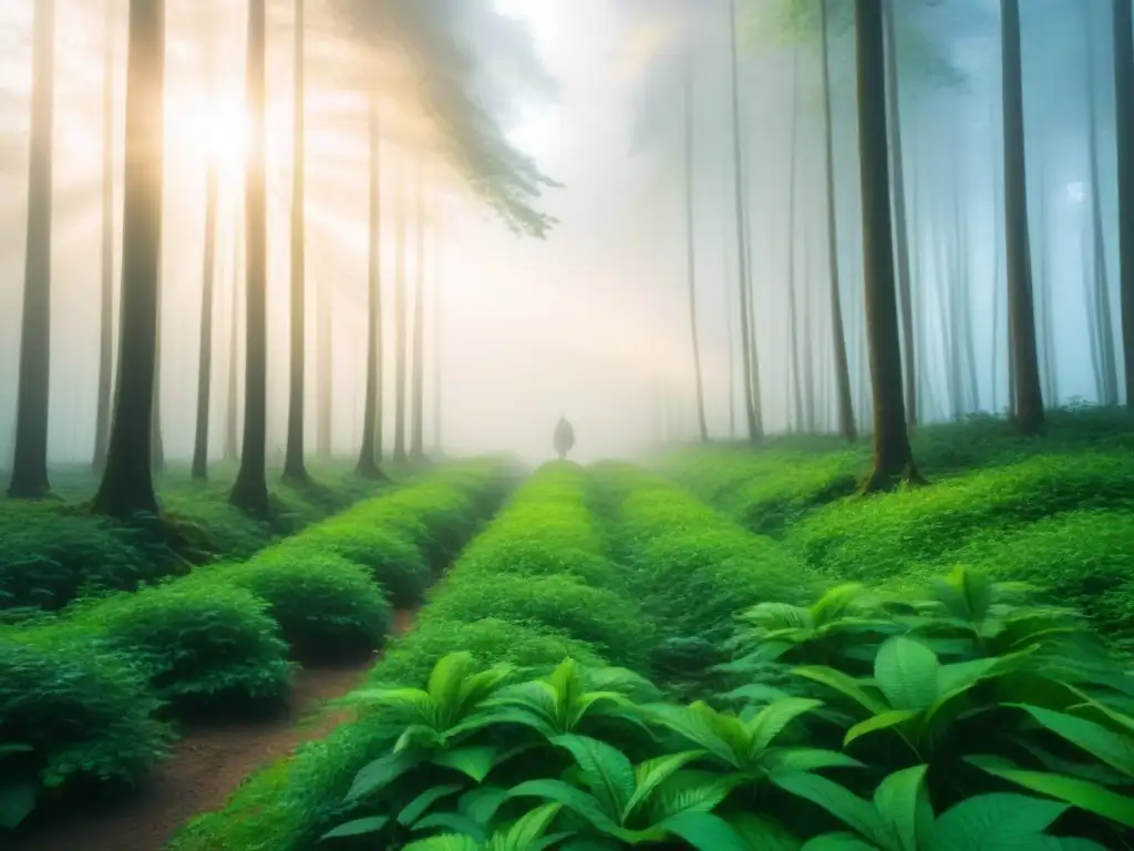 Un bosque verde exuberante con luz solar entre las hojas, inspirando calma y sostenibilidad para emprendedores de moda sostenible