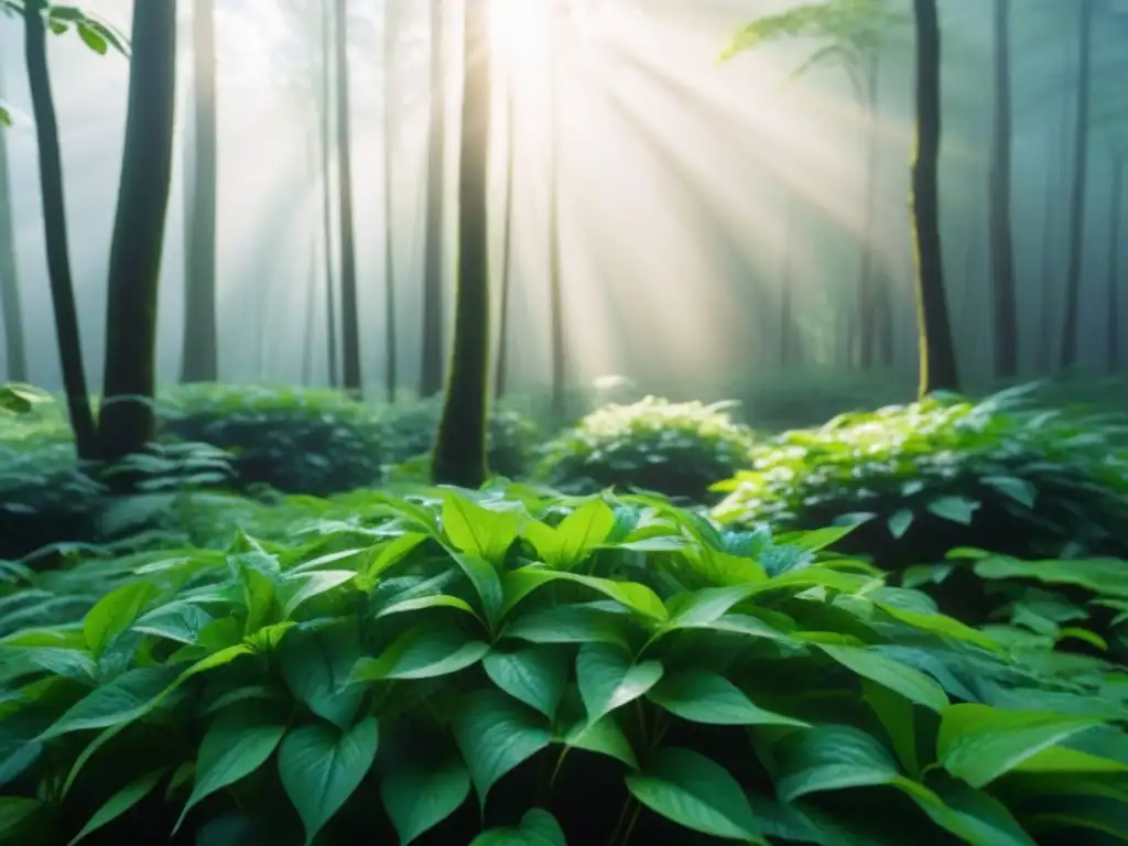 Un bosque verde exuberante con luz solar filtrándose entre las hojas, creando una atmósfera serena y armoniosa