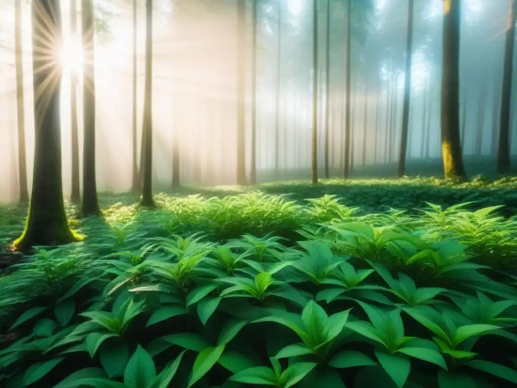 Un bosque verde exuberante con luz solar filtrándose entre las hojas, creando sombras suaves en el suelo