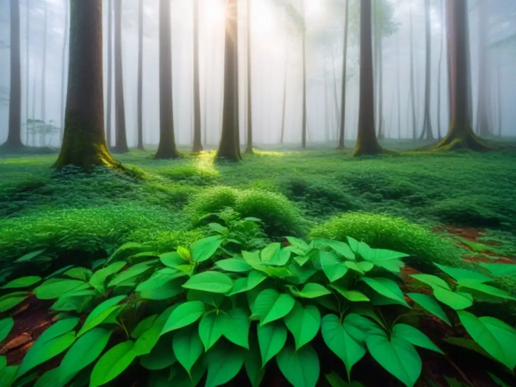 Bosque verde exuberante con luz solar filtrándose entre las hojas, resaltando la importancia de los tintes ecológicos moda sostenible