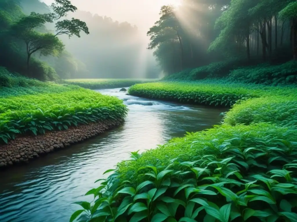 Un bosque verde exuberante con luz filtrándose entre las hojas y un arroyo tranquilo