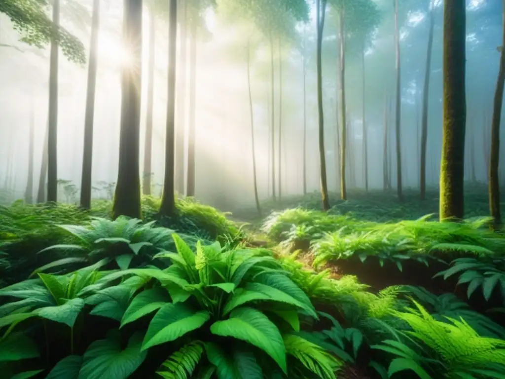 Bosque verde exuberante con luz solar filtrándose a través del dosel, mostrando vida vegetal y animal en su hábitat natural