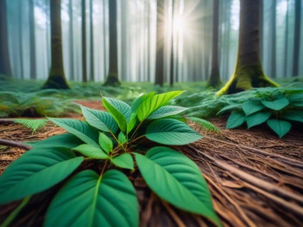 Bosque verde exuberante, luz filtrada entre ramas, sombras en el suelo