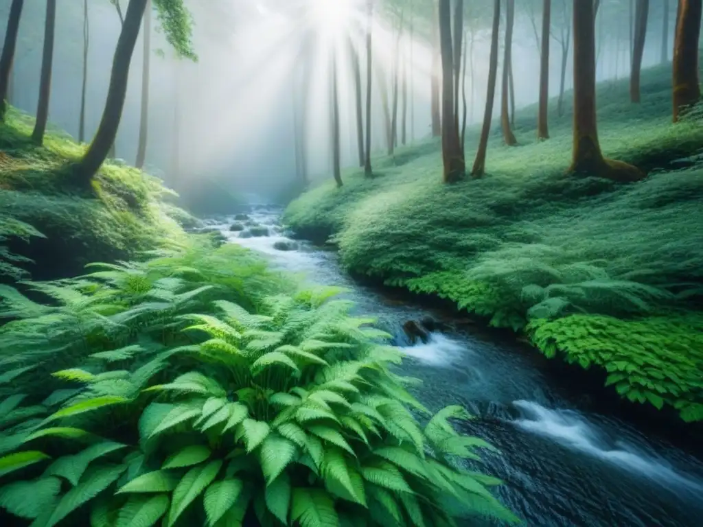 Un bosque verde exuberante con luz solar filtrada, arroyo cristalino serpenteando