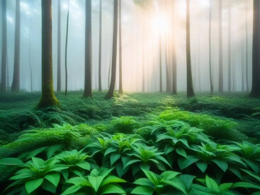 Un bosque verde exuberante con luz solar filtrándose entre las hojas, reflejando la belleza de una dieta plant based sostenible