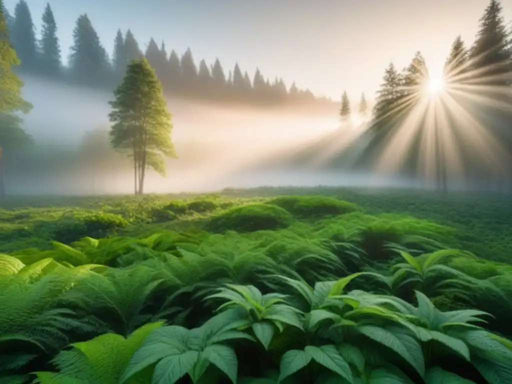 Un bosque verde exuberante con luz solar filtrándose entre las hojas, reflejando la belleza y tranquilidad de una dieta plant based sostenible