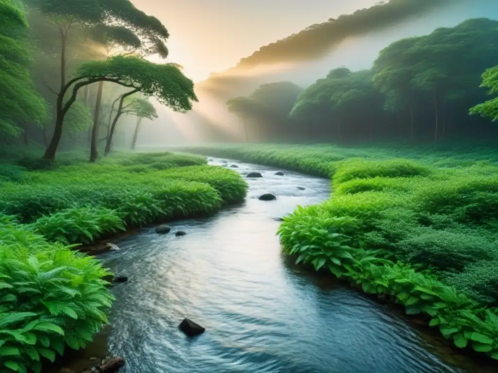 Un bosque verde exuberante con luz solar filtrándose entre las hojas, resaltando un arroyo sereno