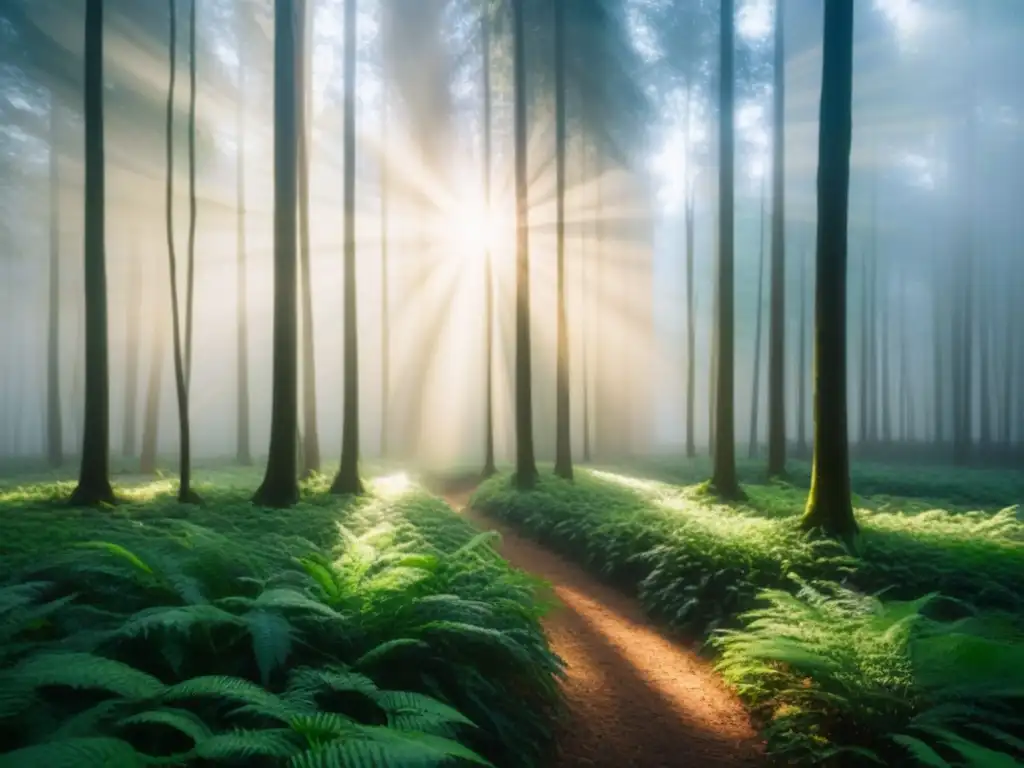 Un bosque verde exuberante con luz solar filtrándose entre las hojas, creando sombras en el suelo