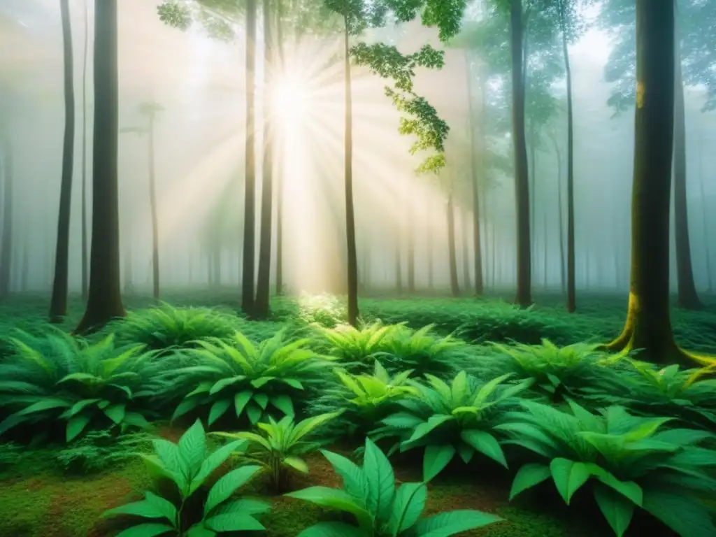 Un bosque verde exuberante con luz solar filtrándose entre las hojas, creando armonía