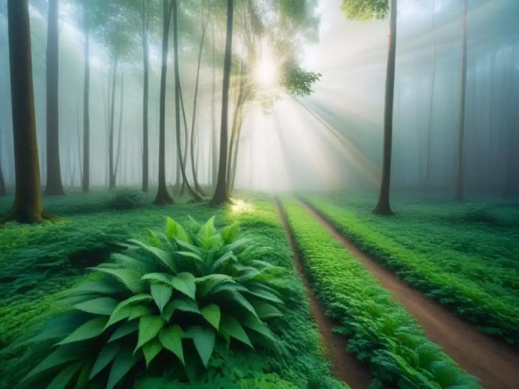 Bosque verde exuberante, luz solar filtrándose entre hojas y sombras suaves en el suelo