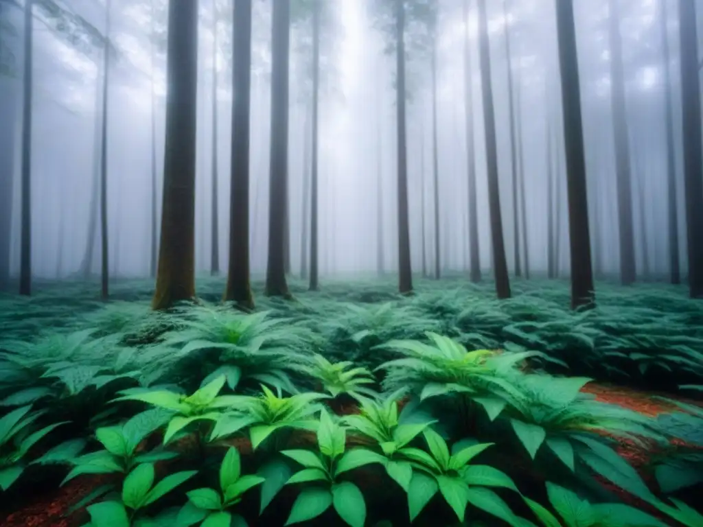 Un bosque verde exuberante con luz solar filtrándose entre la vegetación, creando sombras suaves en el suelo