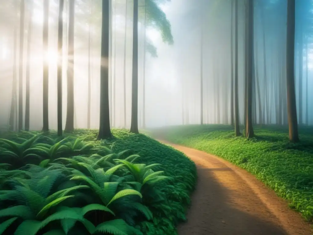 Bosque verde exuberante con luz solar filtrándose entre hojas, creando sombras suaves en el suelo