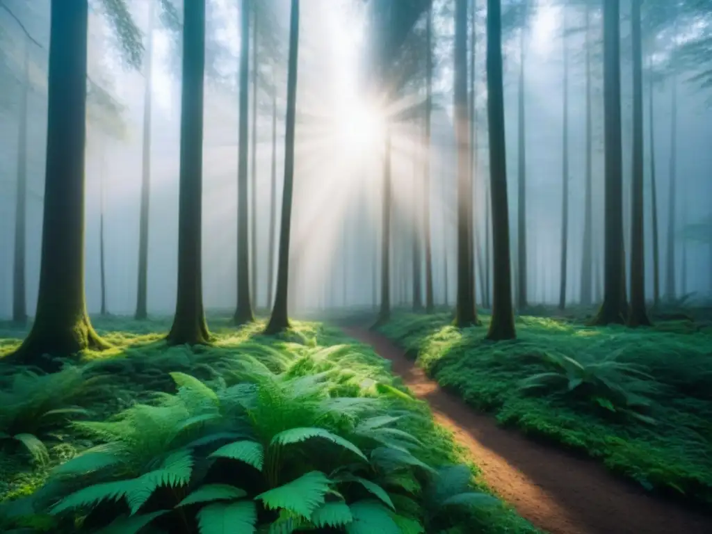 Bosque verde exuberante con luz filtrada y sombras suaves