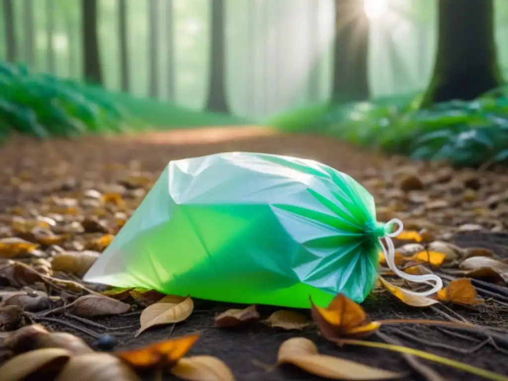 Un bosque verde exuberante con luz solar filtrándose entre las hojas, destacando una bolsa biodegradable en el suelo