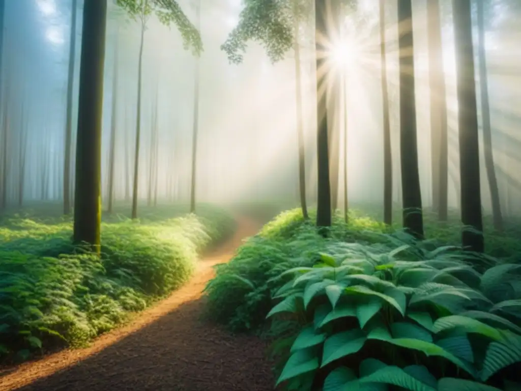 Un bosque verde exuberante con luz solar filtrándose entre las hojas, creando sombras suaves en el suelo