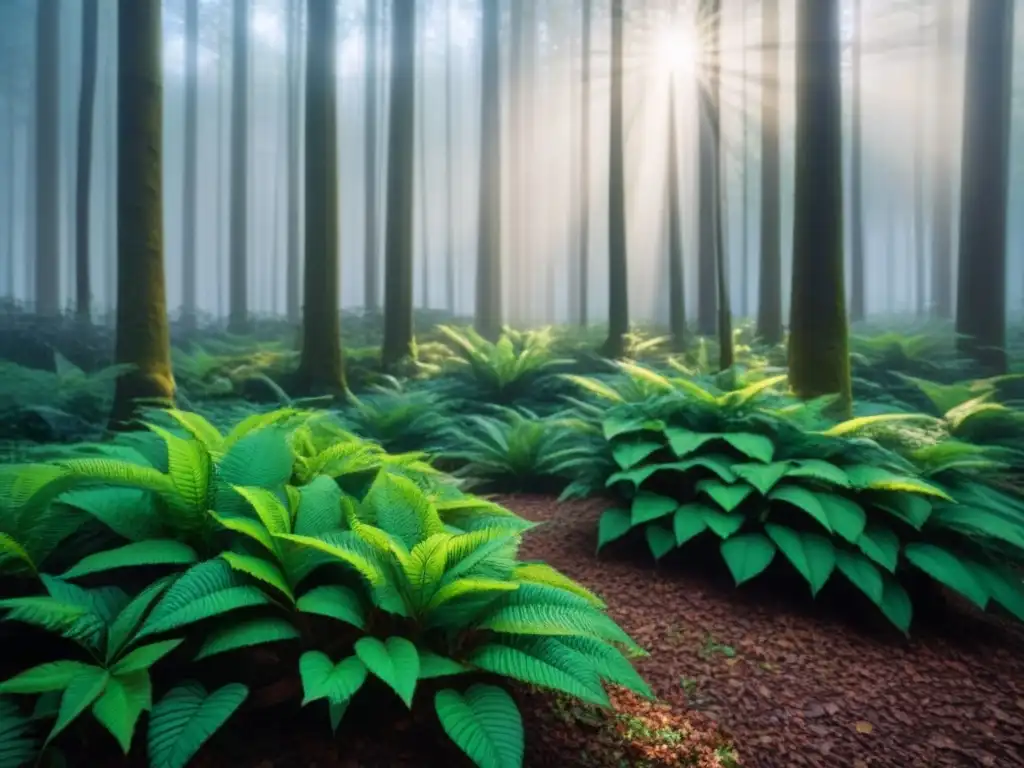 Un bosque verde exuberante con luz solar filtrándose a través del dosel, creando sombras moteadas en el follaje vibrante