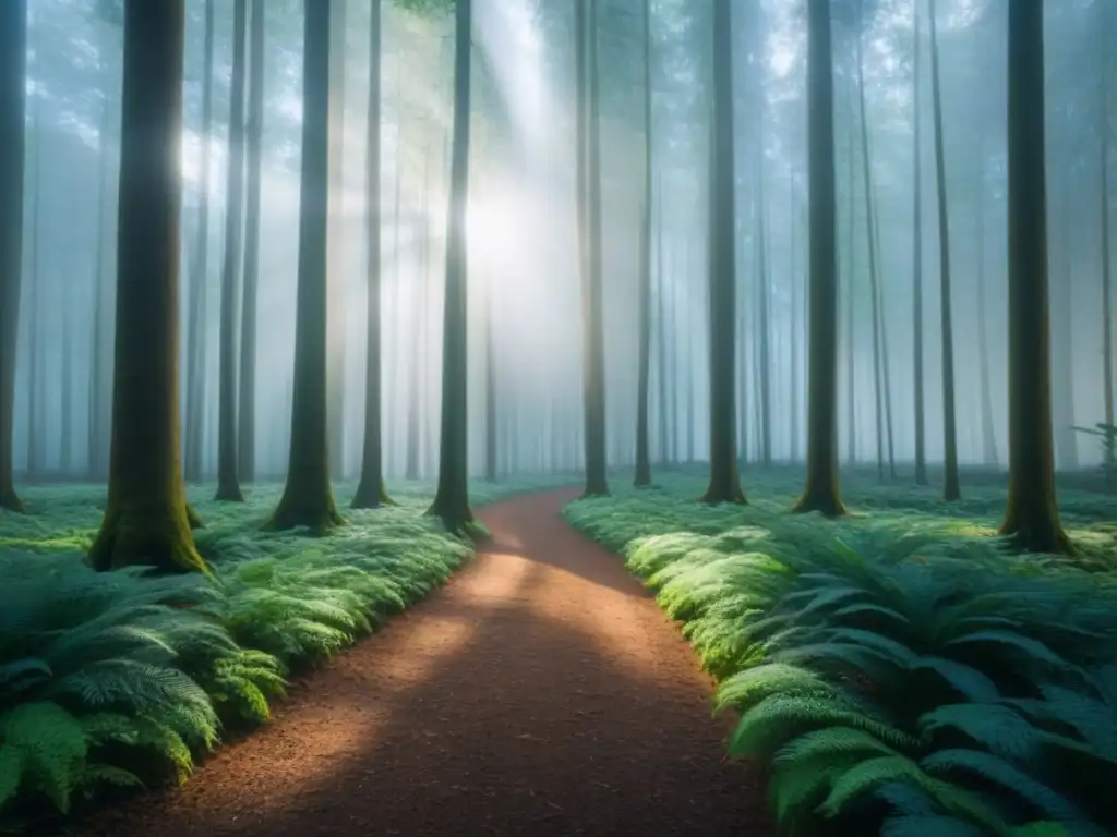 Bosque sostenible: armonía verde y tranquilidad Un bosque verde exuberante con luz solar filtrándose entre el dosel, proyectando sombras moteadas en el suelo