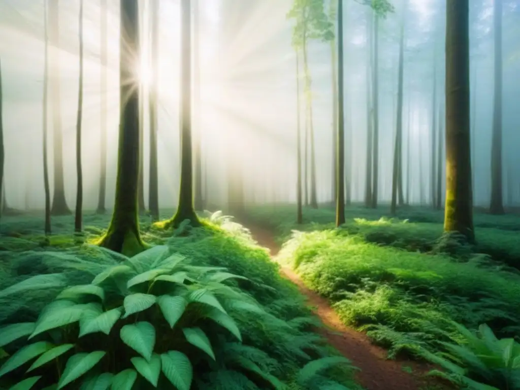 Un bosque verde exuberante con luz solar entre las hojas, simbolizando la naturaleza y la sostenibilidad